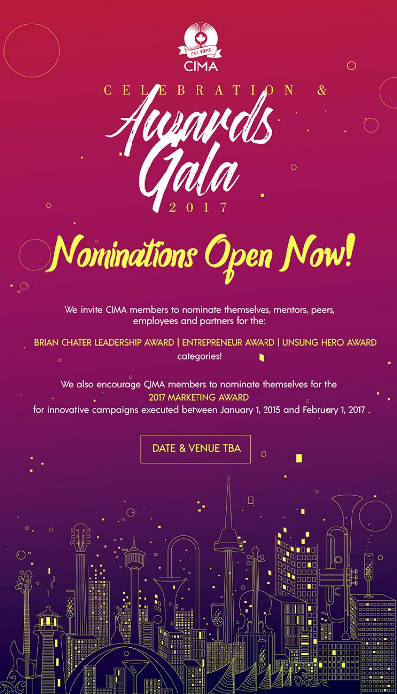 Nominations now open for CIMA's 2017 Celebration & Awards Gala!